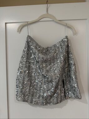 Amanda Uprichard Silver Sequin Mini Skirt with Side Slit
